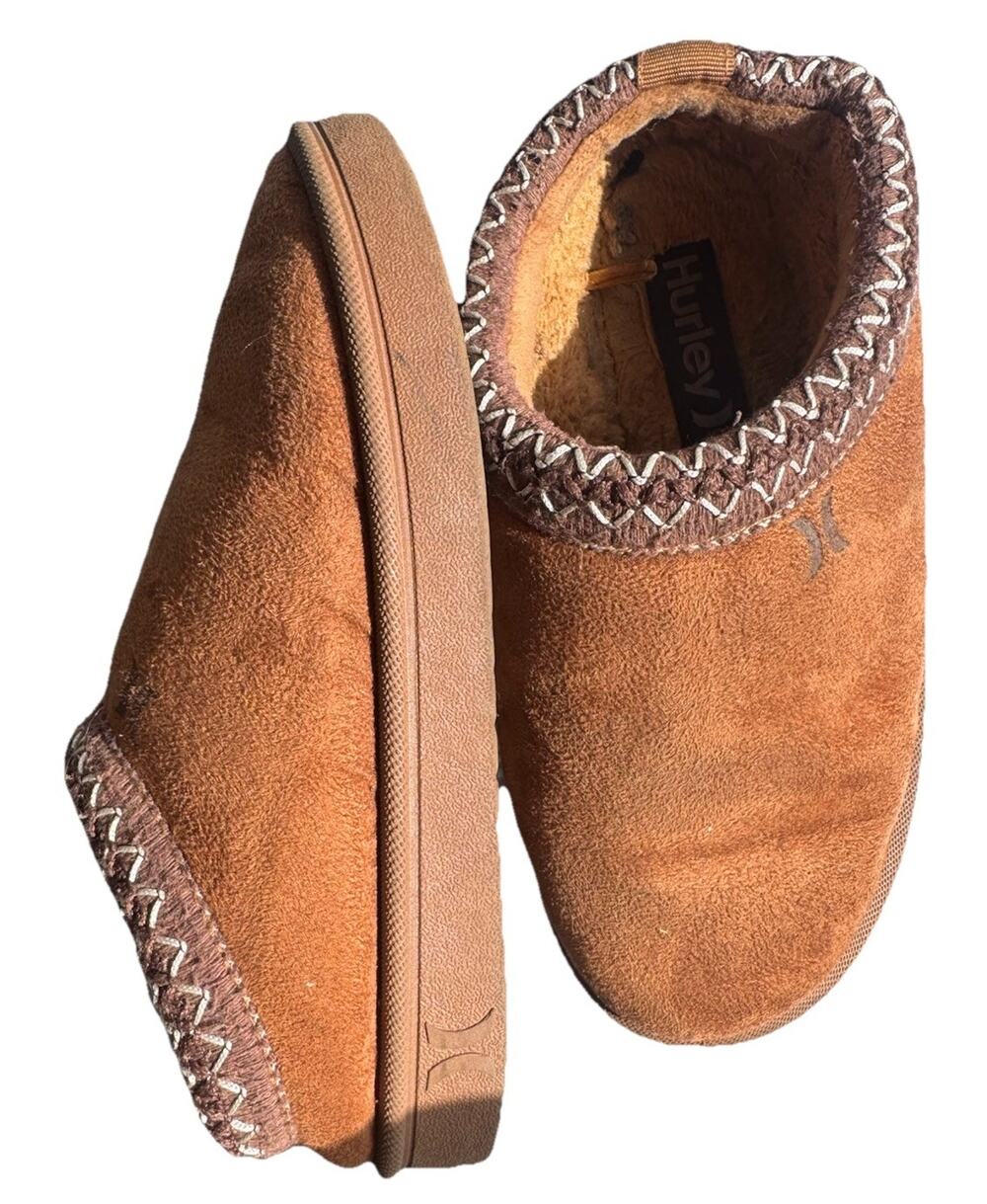Hurley Unisex Kids Suede Brown Slip-On Slippers Faux Fur Lined US 3